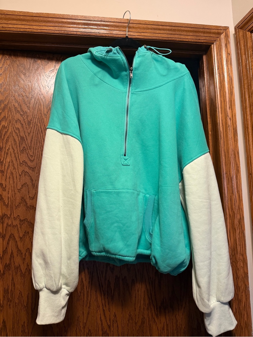 BiBi Teal Pullover Hoodie with White Contrast Sleeves